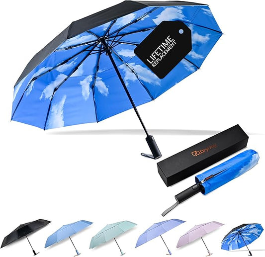 DryDay Travel Umbrellas for Rain - Large Windproof Double Canopy Umbrella, 10 Durable Ribs, Strong Frame, Auto Open Close Ergonomic Handle, Compact Waterproof Umbrella for Women & Men