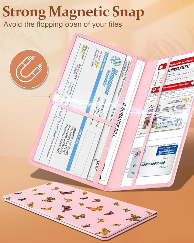 Slohif Car Registration and Insurance Card Holder with Magnetic Shut - Vehicle Glove Box Organizer Women Leather Automobile License Holders Coasters Auto Accessories Case for Document Butterfly