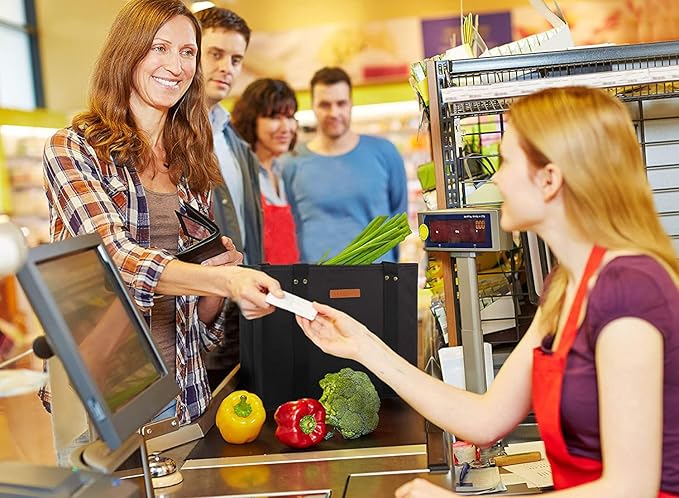 Gramercy Premium Large Reusable Grocery Bags, Heavy Duty 4 Pack – Foldable Shopping Tote Bags With Handles, Washable and Reinforced With Thick Bottom and Sides (Black, 4pcs)