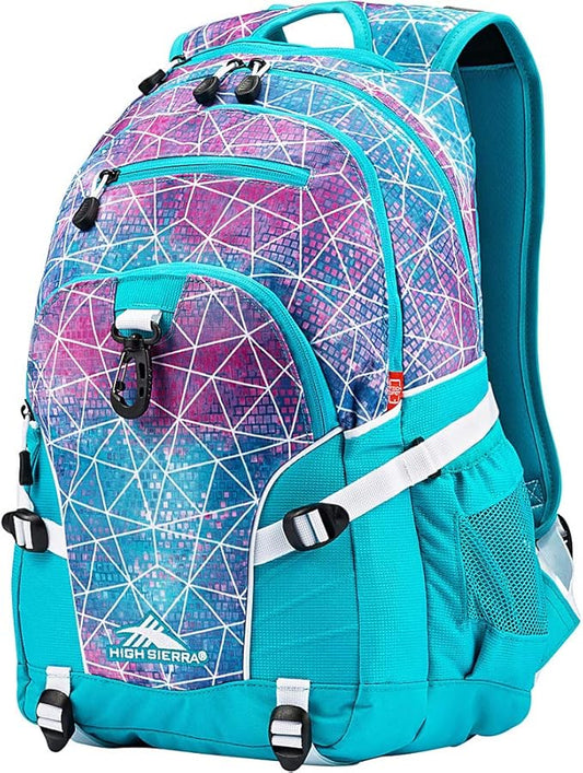 High Sierra Loop Backpack, Travel, or Work Bookbag with tablet sleeve, One Size, Sequin Facets/Bluebird/White