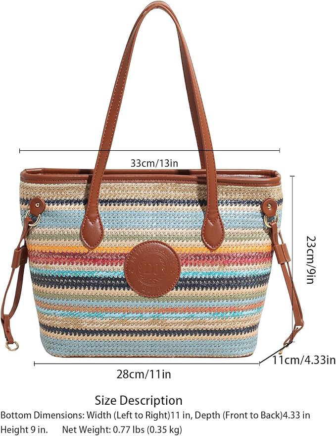 ZOCILOR Women's Straw Shoulder Tote Bag with PU Leather Trim, Large Woven Beach Handbag, Lightweight Casual Summer Purse