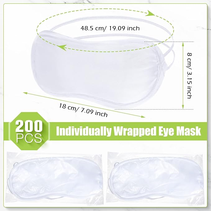 Tarpop 200 Pcs Eye Mask Sleeping Blindfold Eye Cover with Adjustable Strap for Games Party Team Building Travel Individually Wrapped Sleep Mask for Women Men(White)