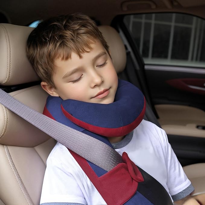 Kids Travel Neck Pillow, Comfortable Head & Chin Support for Car seat & Airplane, Toddler Pillow for Sleeping on Road Trip, Gifts for Child (Wine Red & Dark Blue)