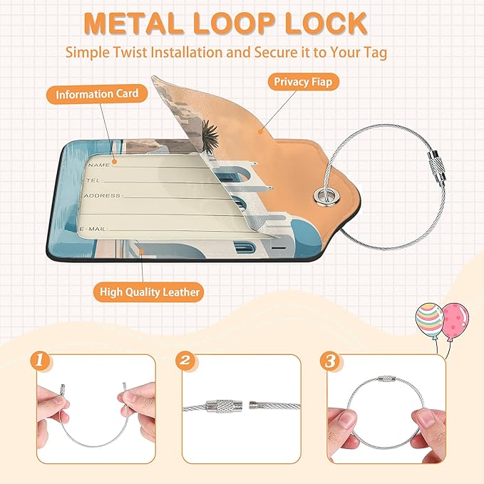 Vintage Sunset Light 3 PCS Luggage Tags, Sunset Seaside Town Leather Suitcase Tags with Privacy Cover Name Address Labels and Durable Steel Loop for Men/Women Travel Bag Suitcases