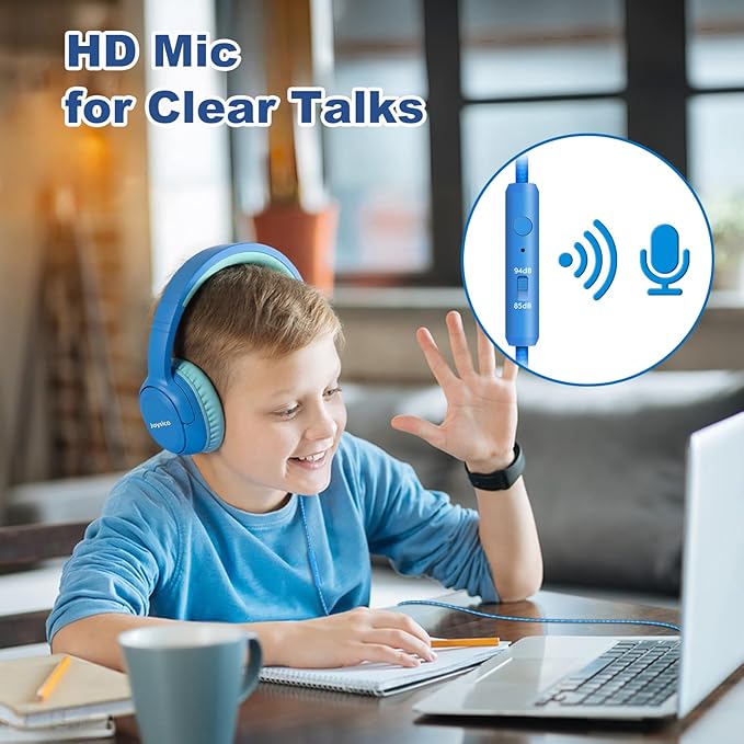 Kids Headphones with Cord & Mic for School Class Airplane Travel, 85/94dB Volume Limit Over Ear Earphones for Boys Girls Teens, Wired Foldable Headset for iPad Tablet Kindle Laptop PC Blue
