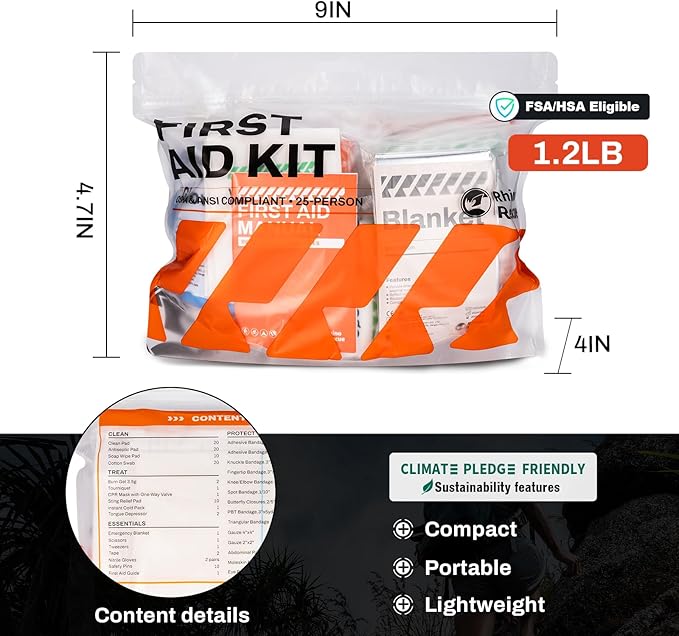 RHINO RESCUE 220 Pieces First Aid Kit Refill Bag, Emergency Extra Replacement Supplies, Includes Medical Bandages, Gauzes & Pads for Home, School & Car