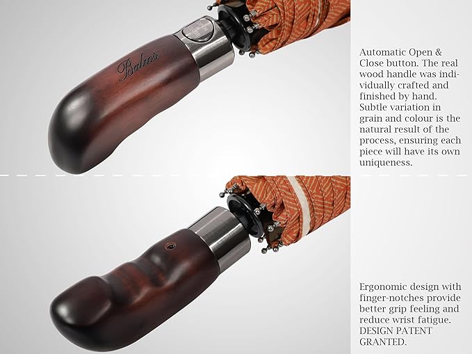 Balios Travel Folding Umbrella with Real Wood Handle Auto Open Close Vented Windproof Canopy - Designed in UK