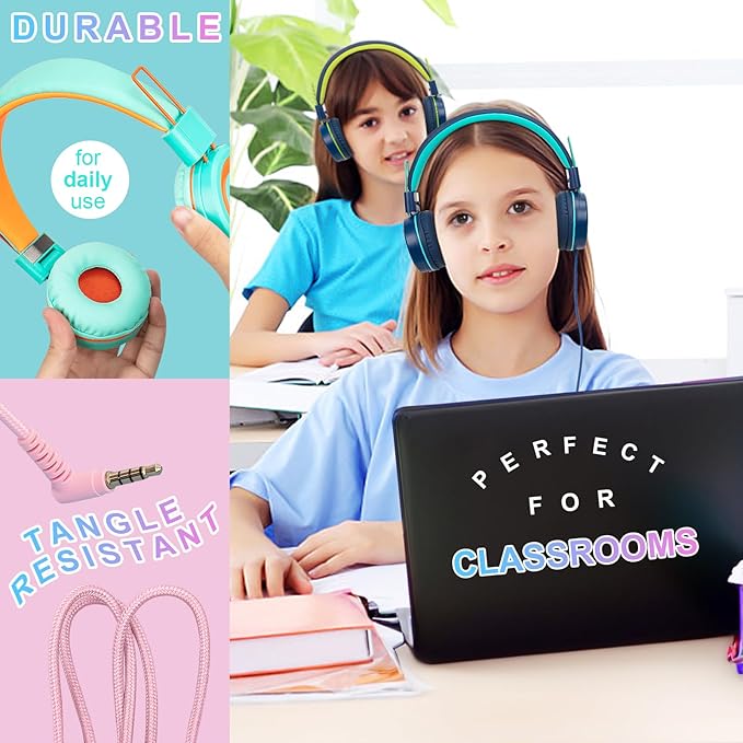CN-Outlet 5 Pack Kids Headphones Bulk for School Classroom Students Teens Toddler, Wired Adjustable Headsets for Libraries Families Childern and Adults (Mixed Colors with MIC)