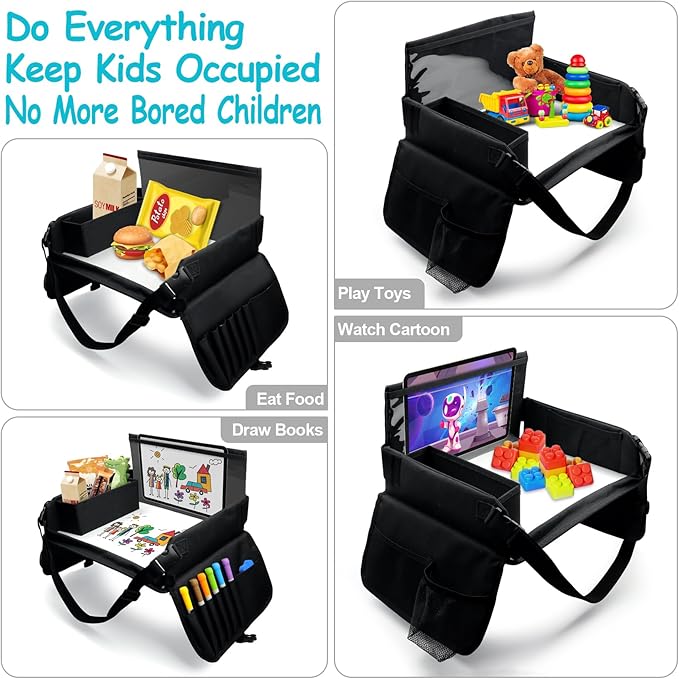 Julaiwy Kids Travel Tray for Car Seat, Carseat Table Tray for Kids Road Trip Activities, Car Trays for Kid Roadtrip Essentials, Toddler Lap Desk Organizer for Airplane - Black