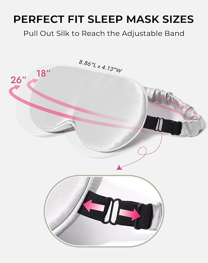 SilkSilky 100% 22 Momme Mulberry Silk Sleep Mask – Upgraded 3D Contoured Eye Mask with Nose Wing Pads & Adjustable Strap, Luxury Blackout Eye Cover for Women & Men (Light Gray)