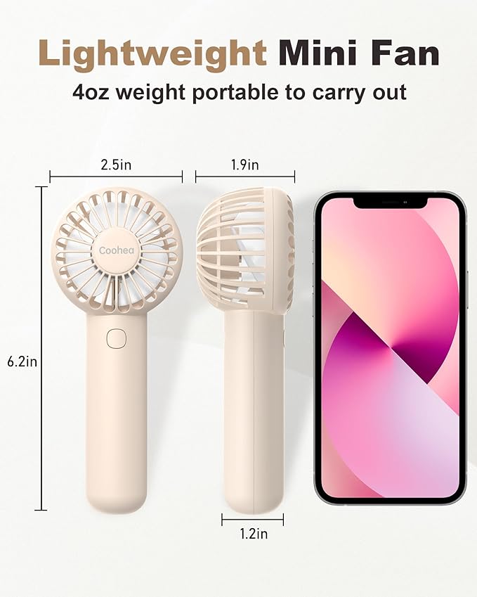 Coohea 2-Pack Pink & Beige Handheld Fan, Small Cute Design, 3 Powerful Speeds, Operated by USB/Rechargeable Battery, Personal Portable Fan with Base & Lanyard, for Eyelash Makeup Travel Beach Desk