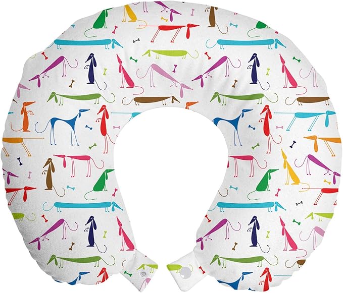 Ambesonne Dog Lover Travel Pillow Neck Rest, Dachshund Cartoon Doodles with Various Stances Pointing Smelling Running Standing, Memory Foam Traveling Accessory for Airplane and Car, 12", Green Red