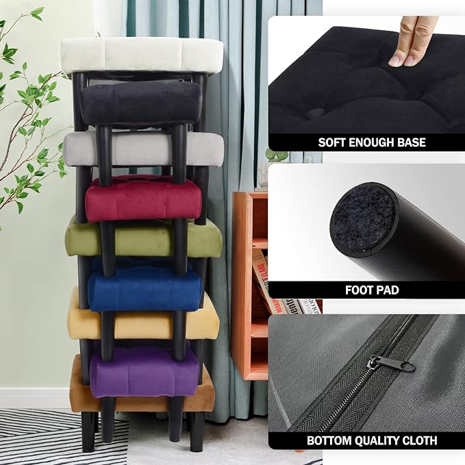 HOUCHICS Small Footstool Ottoman,Velvet Soft Footrest Ottoman with Wood Legs,Sofa Footrest Extra Seating for Living Room Entryway Office(Black 1PACK)