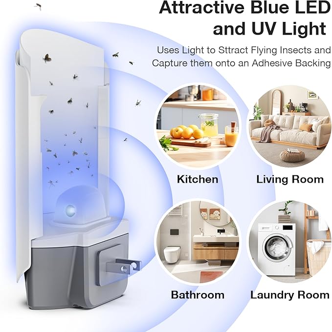 Fly Trap Indoor, 2 Plug-in Fly Catchers with 6 Refill Glue Cards, Fruit Fly & Gnat Trap for Home, Indoor Bug Trap for Mosquitoes, House Flies, Moths & Flying Insects