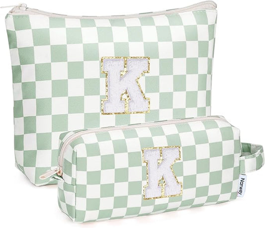 Narwey 2 Piece Personalized Initial Makeup Bag Checkered Cosmetic Bags, 6 8 10 11 12 13 14 16 18 Years Old Teen Girl Gifts Trendy Stuff Birthday Gifts for Women, Travel Toiletry Bag (Green Letter K)
