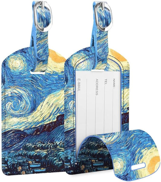 FINTIE 2 Pack Luggage Tags, Leather Name ID Labels with Privacy Cover for Travel Bag Suitcase, Theme - Starry Night