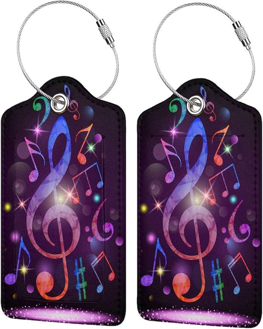 Set of 2 Music Note Luggage Tags with Full Back Privacy Suitcase Labels Identifiers, Colorful Purple PU Leather Baggage Tags for Music Lovers Women Men Girls Boys Travel