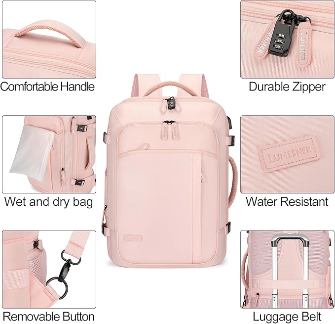 Lumesner Carry on Travel Backpacks, Extra Large 40L Flight Approved for Men & Women,Expandable Suitcase backpack (Pink (Backpack With 4 Packing Cubes))