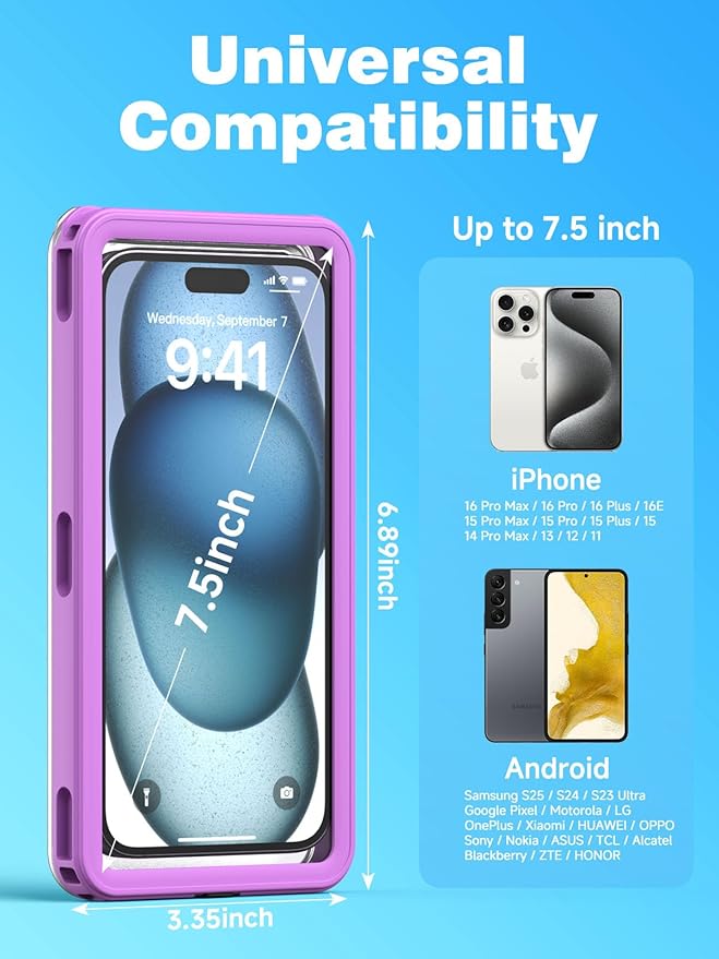 Waterproof Phone Pouch Case 7.5", 2025 Upgraded IPX8 Waterproof Phone Case for Snorkeling, Universal Fit for iPhone 16 Pro Max 15 14 13, Galaxy S25, Beach Vacation Essentials (Purple)