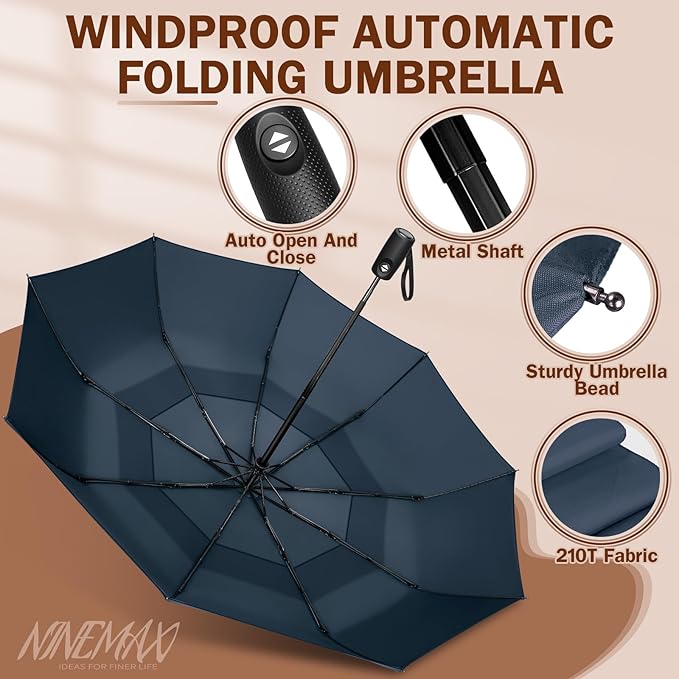 NINEMAX Windproof Travel Umbrella for Rain, Automatic Umbrellas Double Canopy Vented Compact for Men Women (Navy Blue)