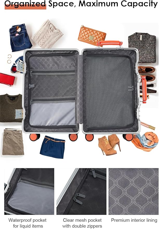 24 Inch Hardside Checked Luggage with Leather Handle, PC Zipperless Suitcase with Spinner Wheels and TSA Locks, Lightweight Checked Luggage for Travel, Grey