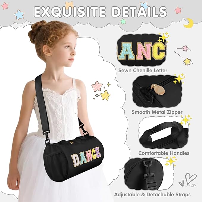 Personalized Dance Bag for Girls, Teen Toddler Ballet Bag Cute Chenille Letter Gym Sport Workout Duffel Bags, Waterproof Cheer Dancer Overnight Weekender Bags for Birthday Christmas Gift(Black)