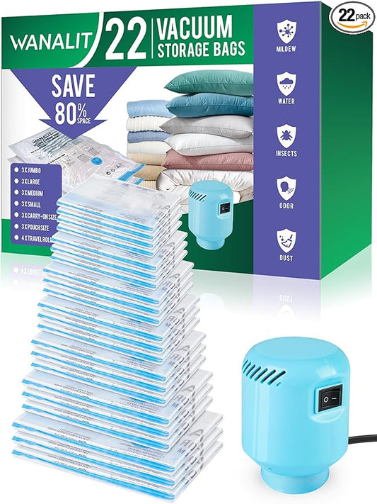 Vacuum Storage Bags with Electric Pump, New Air Valve Combo 22 Pack Compression Bag, Space Saving Vacuum Sealer Bag for Clothes, Blanket, Duvets, Pillows, Comforters, Travel, Two Compressing Ways