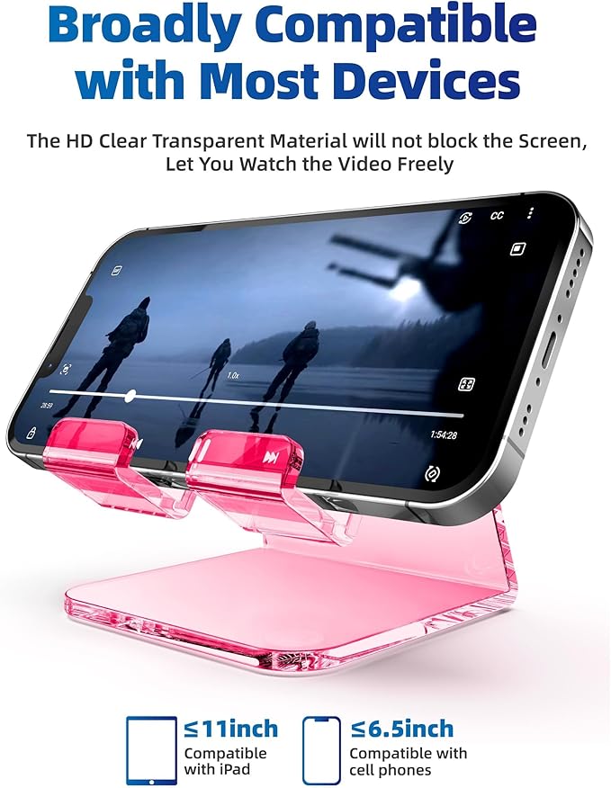 TOPGO 2 Pack Acrylic Phone Stand, Phone Holder for Office Desk, Vanity, Kitchen Counter, Bedside Table, Compatible with iPhone 17 16 15 14 13 12 11 Pro Max Plus/Smartphones/iPad/Switch - Clear & Pink