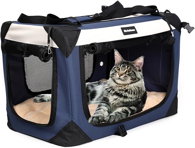 Collapsible Dog Travel Crate,Portable Soft-Sided Pet Carrier Extra Large Cat Carrier with Soft Plush Plush Mat for Indoor and Outdoor,28x20x20in,Navy Blue