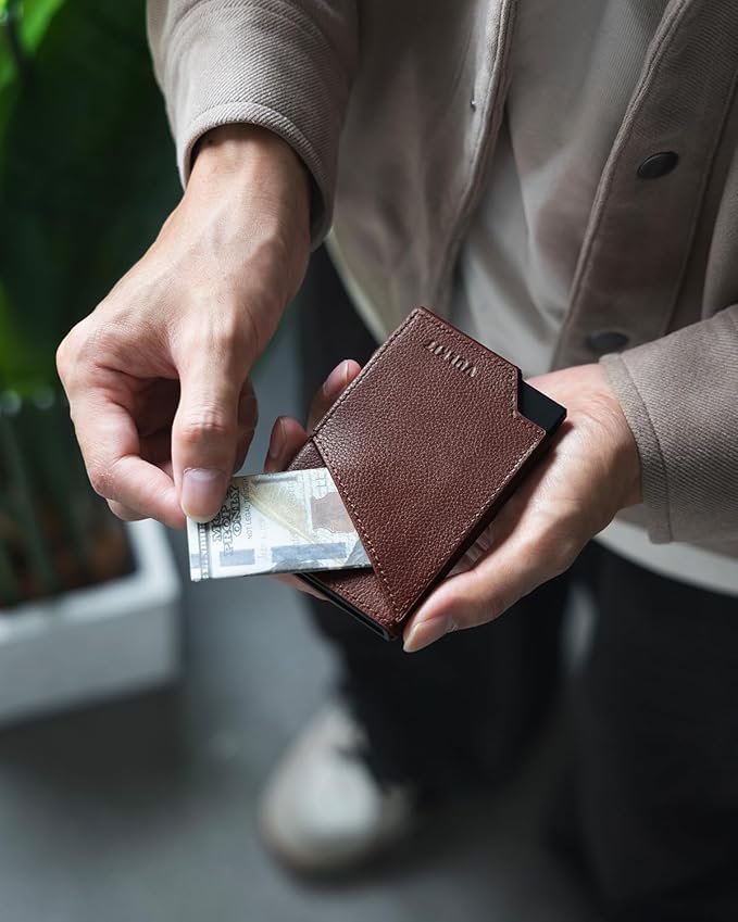 VULKIT Pop up Card Wallet Genuine Leather RFID Blocking Slim Aluminum Metal Bank Card Holder Case with Business Money Pocket for Credit Cards Notes and Coins Espresso