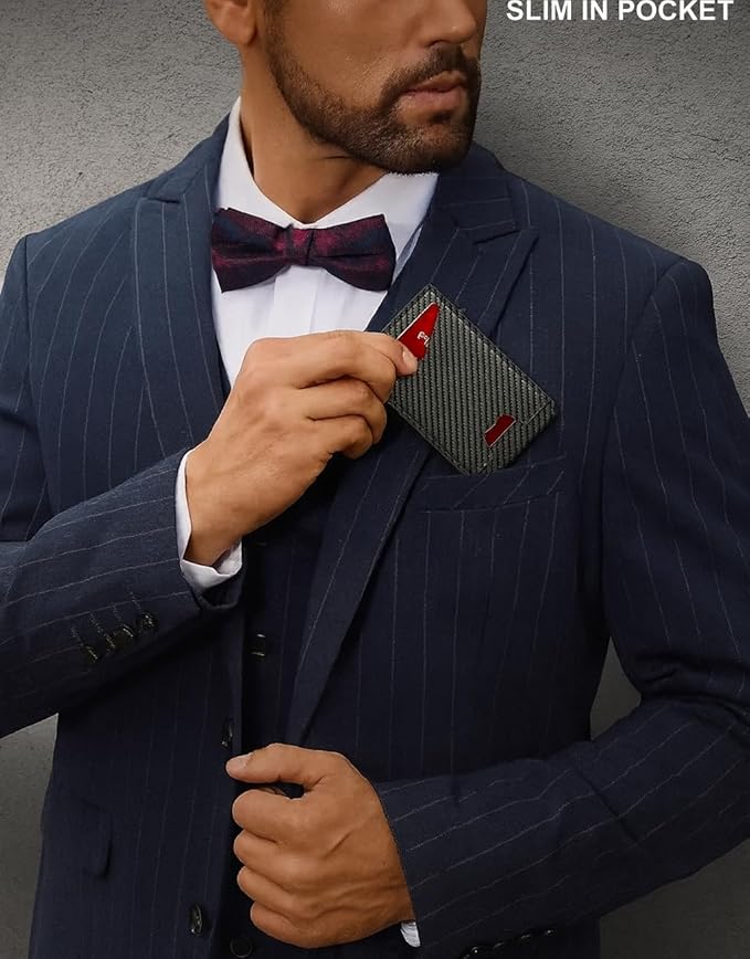 Smart Bifold Airtag Wallet for Men – RFID Blocking Pop-Up Bifold Credit Card Holder with ID Window, Slim Aluminum Case Fits 12+ Cards, Coffee Brown, Comes in a Gift Box (Carbon-Fiber Black)