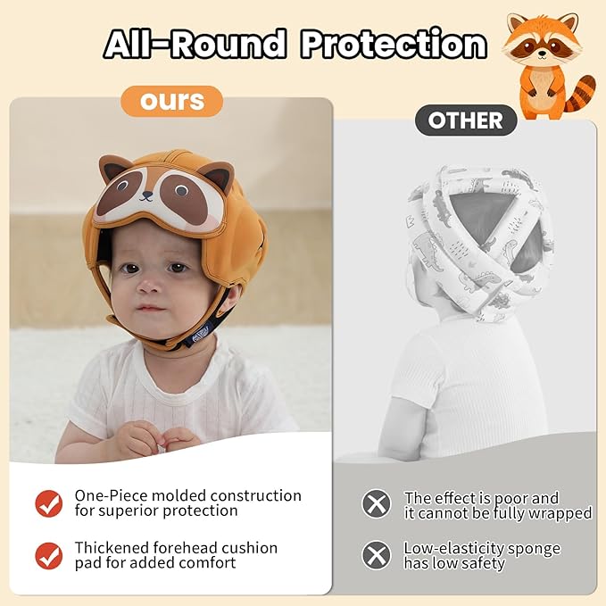 MAMBOBABY Baby Safety Helmet for Crawling and Walking for 6-24 Months Infant Head Protection - Soft and Adjustable - Lightweight and Comfortable Baby Head Guard-Raccoon