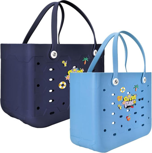 2-Piece Tote Bag Set, Waterproof Rubber Beach Bag with Summer Pattern, Medium & Large Handbag for Pool, Beach, Boat