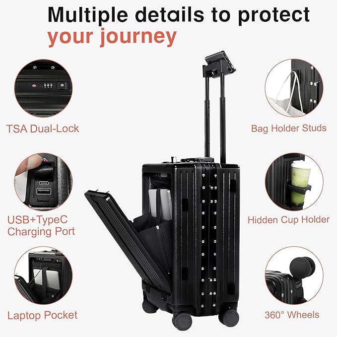 24 Inch Check-In Luggage Aluminum Frame Zipperless Luggage, Hard Shell Suitcase TSA Approved Checked Luggage, ABS+PC Lightweight Zipperless Suitcase with Spinner Wheels (Black)