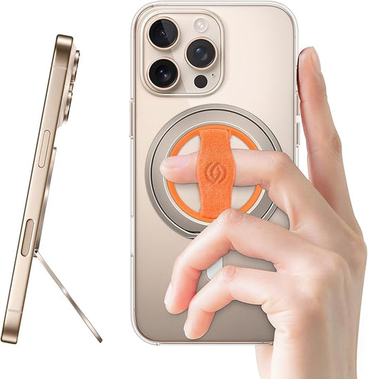 EWA MagOne 3rd Gen [Compatible with MagSafe] Phone Grip Stand with Finger Strap, Removable Magnetic Ring Holder Kickstand Loop for iPhone 16,15, 14, 13, 12 Series-(Gold-Orange)