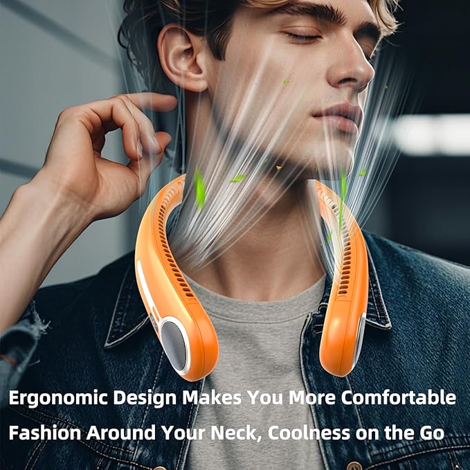 Portable Neck Fan,Hands Free Personal Wearable Bladeless Fan,6000mAh USB Rechargeable,360° Cooling,LED Display,4-Speeds,Birthday Gifts for Men Women Dad Mom,Stocking Stuffers Christmas Gifts (Orange)