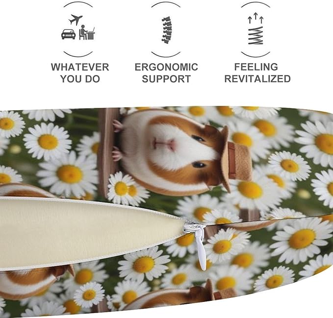 Cute Travel Neck Pillow Guinea Pigs Flowers Print Memory Foam U Shaped Cushion, Washable Cover for Boys Girls Airplane Car School Nap