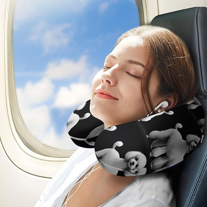 Breathable U-Shaped Neck Pillow Memory Foam Travel, Poodles in Grey and White U-Shape, Machine Washable Support Home Office