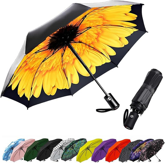 SIEPASA Compact Travel Umbrella - Windproof Auto Open/Close, Lightweight Folding Umbrella wIth Fiberglass Frame & Waterproof Canopy. Fits Backpack/Purse. (Sunflower)