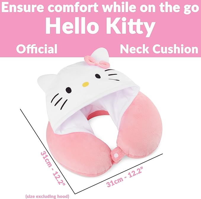 Hello Kitty Girls Teens Travel Pillow with Hood, Memory Foam Cushion Travel Accessories Flight Pillow Neck & Head Support