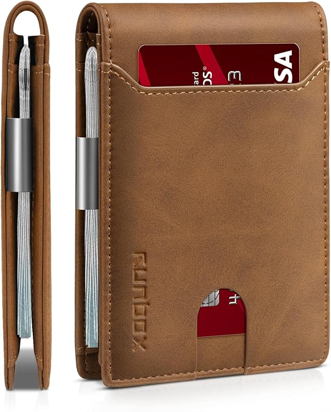 RUNBOX Slim Wallets for Men - Leather Money Clip Mens Wallet - RFID Blocking Front Pocket Bifold Wallet - Thin Credit Card Holder with Gift Box