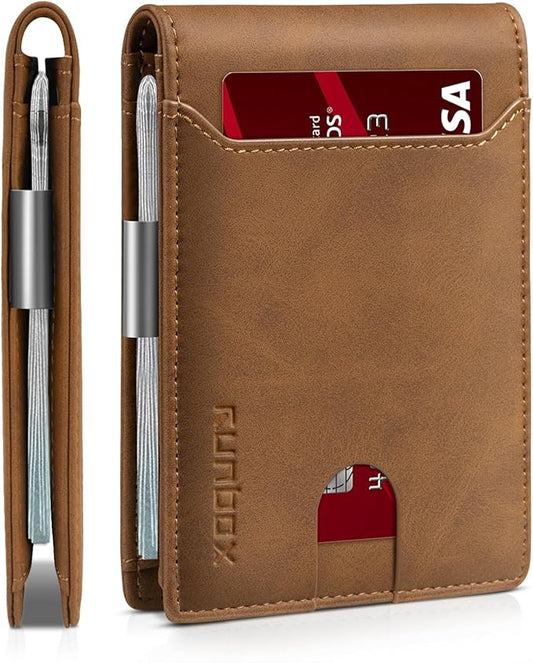 RUNBOX Slim Wallets for Men - Leather Money Clip Mens Wallet - RFID Blocking Front Pocket Bifold Wallet - Thin Credit Card Holder with Gift Box