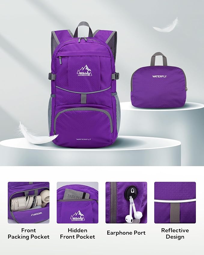 WATERFLY Hiking Packable Daypack Backpack: 25L Ultra Lightweight Day Pack for Woman Man - Small Compact Folding Back Pack for Outdoor Sport Cycling Camping Travel Trip - Purple