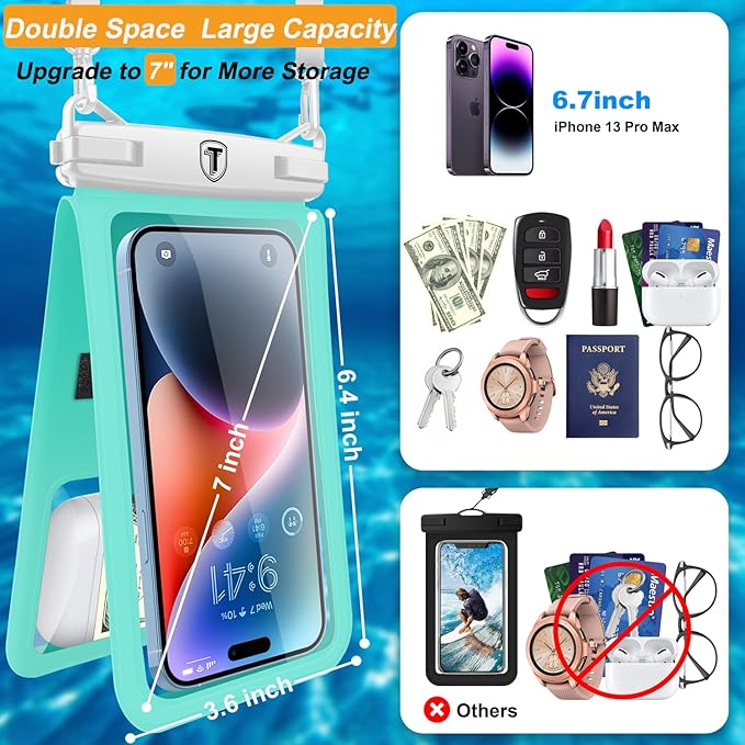 Takfox Double Space Waterproof Phone Pouch [2-Pack], Dual Large Cellphone Dry Bag Case for Samsung Galaxy S25 Ultra S24 S23 S22 A16 A15 A14 A36 iPhone 16 Pro Max Fit All Phones Up to 7"-Black/Green