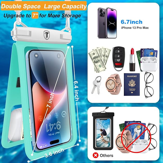 Takfox Double Space Waterproof Phone Pouch [2-Pack], Dual Large Cellphone Dry Bag Case for Samsung Galaxy S25 Ultra S24 S23 S22 A16 A15 A14 A36 iPhone 16 Pro Max Fit All Phones Up to 7"-Black/Green
