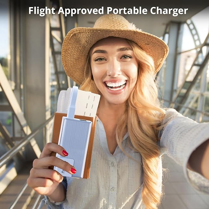 Miady Portable Charger Built-in Foldable Wall Plug, PD 30W 10000mAh Compact Power Bank has USB-C Cable&LED Display, Travel Essential Battery Pack Compatible with iPhone Galaxy SmartPhones (Cream Blue)