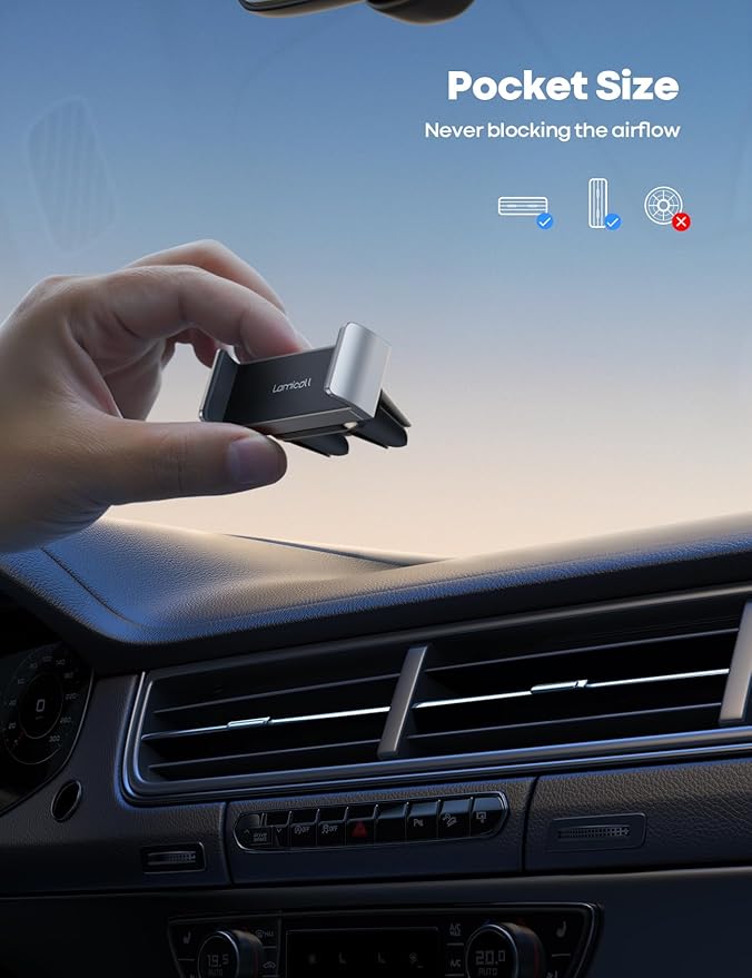 Lamicall Car Cell Phone Mount, Air Vent Clip Holder, Universal Stand Hands Free Cradle Compatible with Phone 12 Mini 11 Pro Xs Xs Max Xr X 8 7 6 6s Plus SE and Other 4.7-6.5'' Smartphones - Silver
