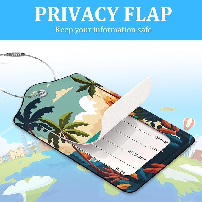 2 Pack Luggage Tag for Suitcase,Summer Beach Palm Tree Luggage Tag with PU Leather Privacy Cover ID Label & Stainless Steel Loop for Women Men Travel Bag Suitcase