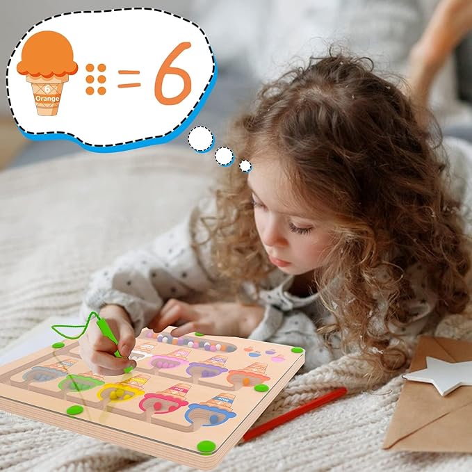 Magnetic Color & Number Maze - Montessori Wooden Color Matching Learning Counting Puzzle Board - Toddler Fine Motor Skills Toys for Boys Girls 2 3 4 Years Old