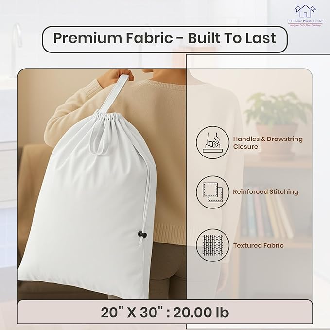 LFH Home Cotton Canvas Large Laundry Bag with Handle, Heavy Duty Drawstring Closure Washable Laundry Bags School Travel, Home, Hotel, College Dorm, Organizer Sack, Cloths 20x30-White, Thanks Giving